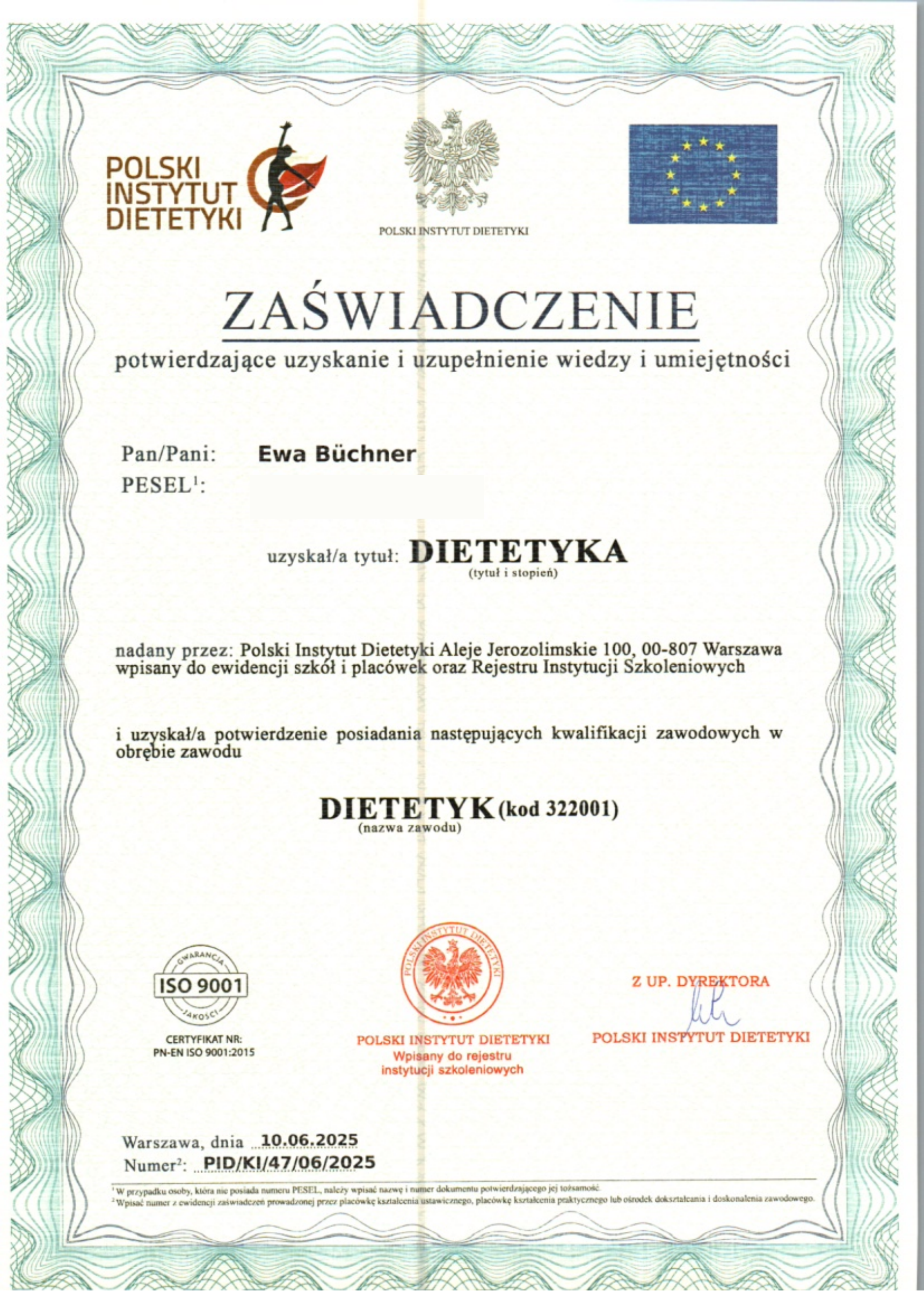 Dyplom zawodowy Dietetyk - Ewa Büchner