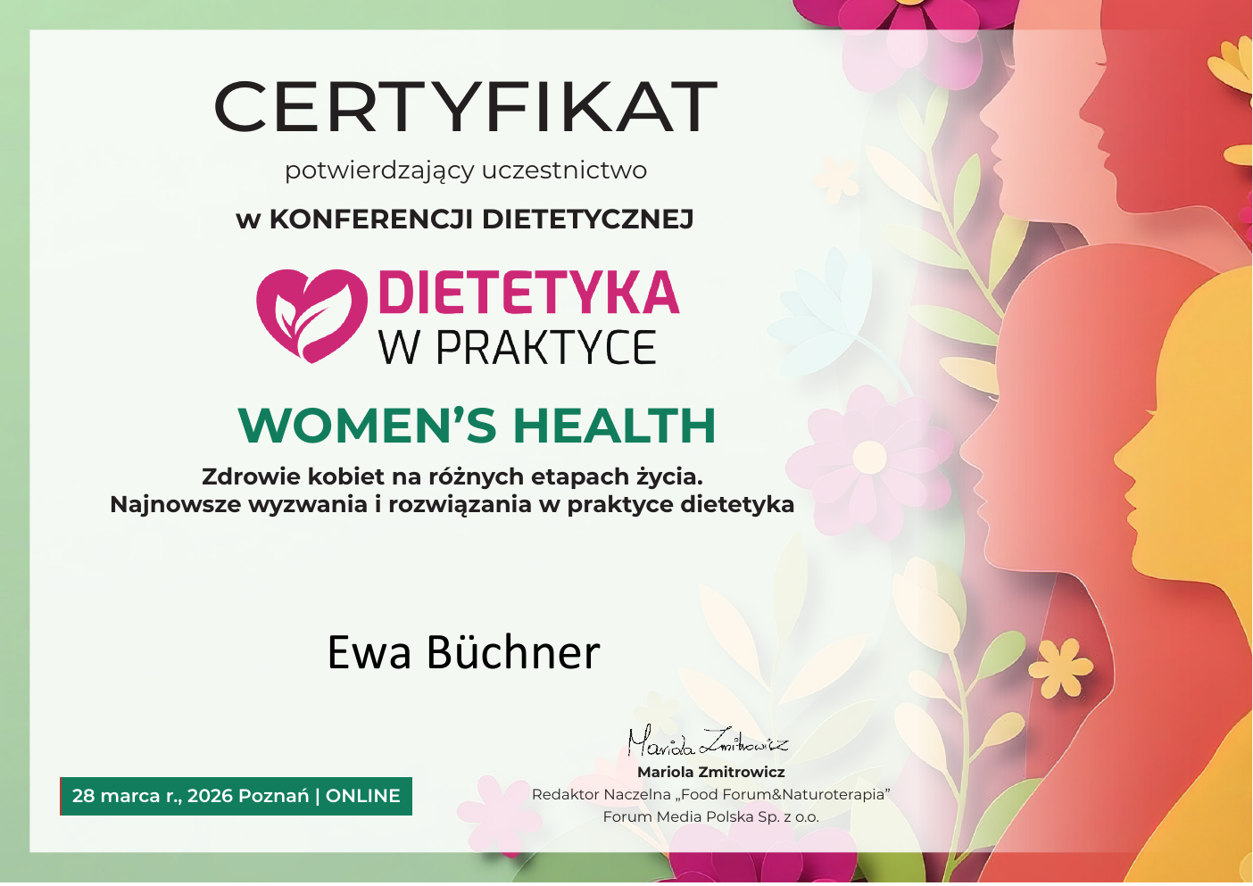 Certyfikat konferencji dietetycznej Women’s Health – Ewa Büchner